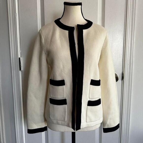 Talbots Sweaters - Talbots Women's Cream and Black preppy sweater cardigan blazer jacket, Size M